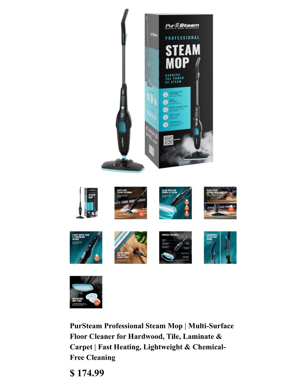 Professional Steam Mop - Black & Aqua - Picture 2 of 2